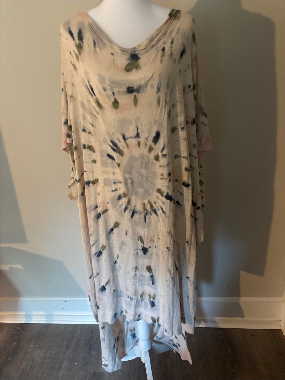 Free People Beige Tie-Dye Maxi Dress with Olive & Navy Accents